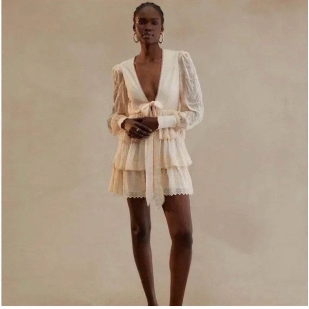 Hemant and Nandita Cream Tiered Lace Mini Dress